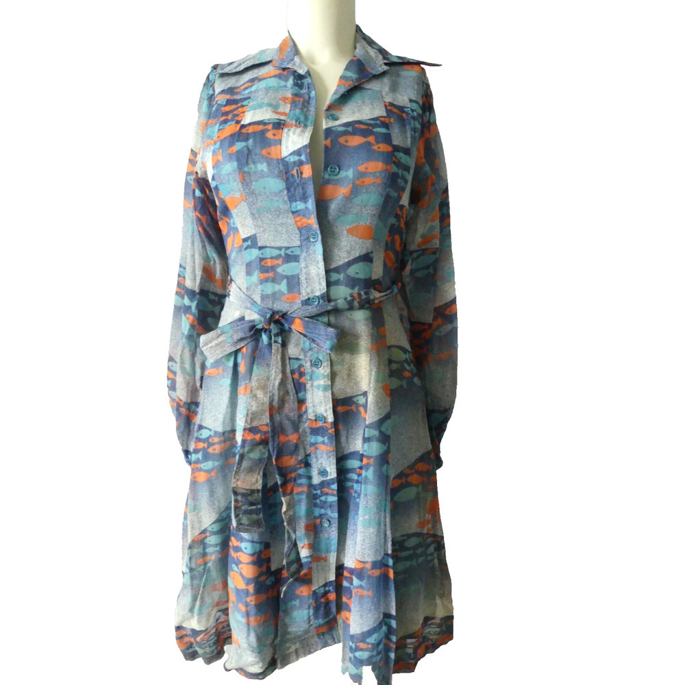 Albert Nipon Blue and Orange Fish-Print Midi Dress
